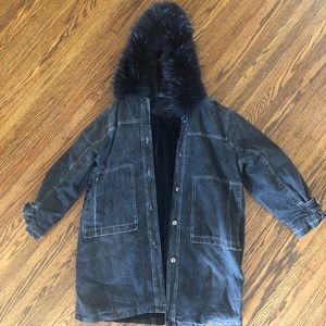 denim jacket with fur hood